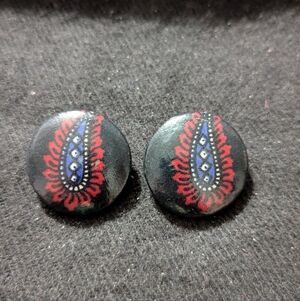 Vintage Black Painted Red White and Blue Design Clip On Statement Earrings